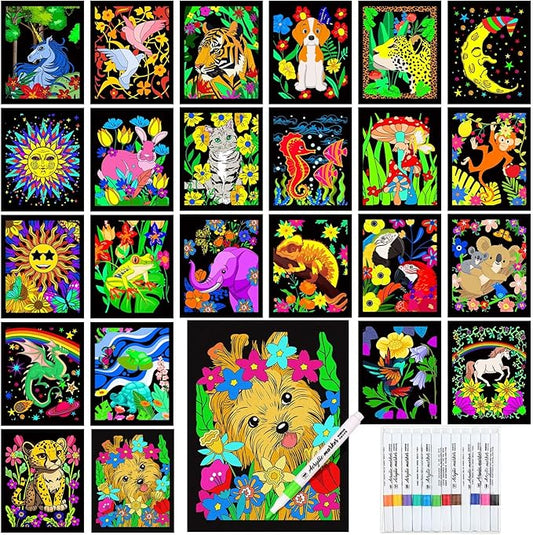 Zhanmai Pack of 48 Velvet Coloring Posters and Watercolor Pens Animal Fuzzy Velvet Coloring Posters for Adults Teenagers Large Poster for Classroom Festive Holiday Arts Crafts Activity