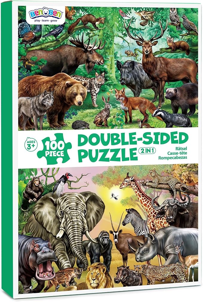 BenBen Puzzles for Kids Ages 4-6, Double Sided 100 Piece Puzzles for Kids, 2 in 1 Puzzle, Wild Animals, Learning Educational Jigsaw Puzzles Toys for Boys Girls (15.75” x 11.75”)