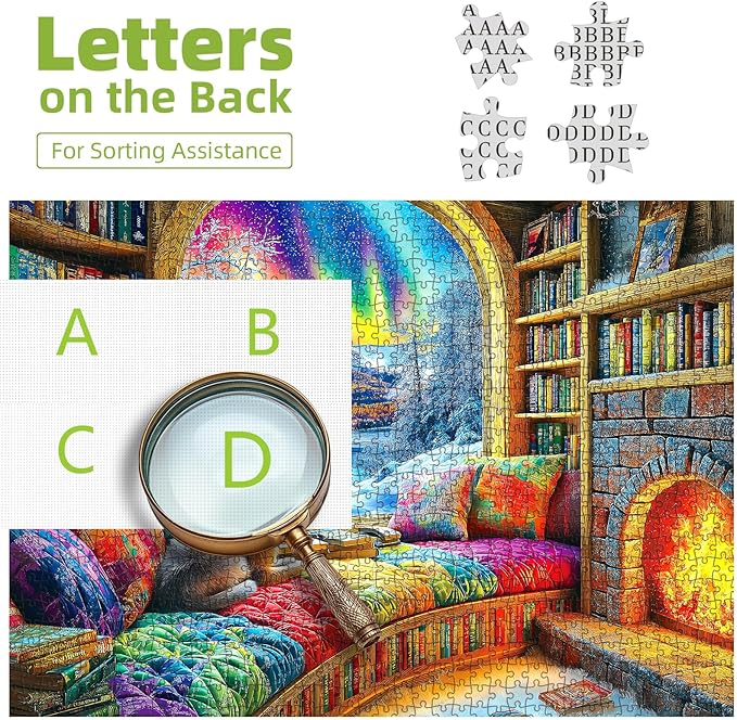 Northern Lights Landscape Jigsaw Puzzles for Adults Fantasy Fairy Cat 1000 Piece Book Room Puzzle for Adults with Letters on Back Challenging Family Puzzle