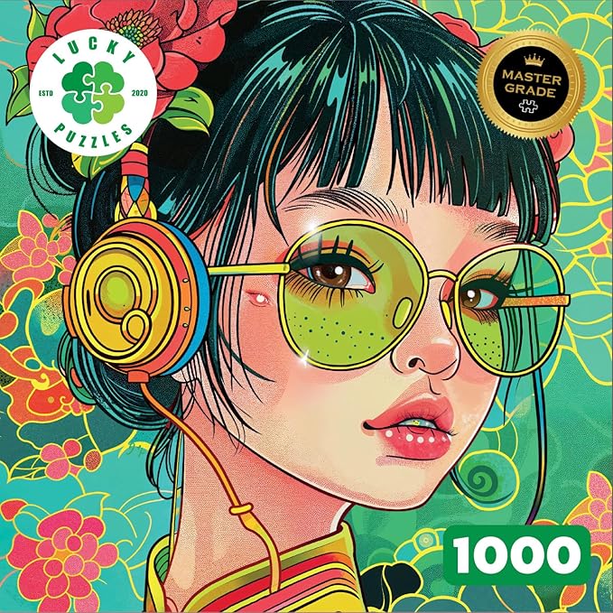 Lucky Puzzles - Doodlefly Enigma 1000 Piece Jigsaw Puzzle for Adults | Cyberpunk Art Puzzle with Vibrant Lime and Pistachio Colors | Challenging Brain Teaser | Unique Puzzle Gift