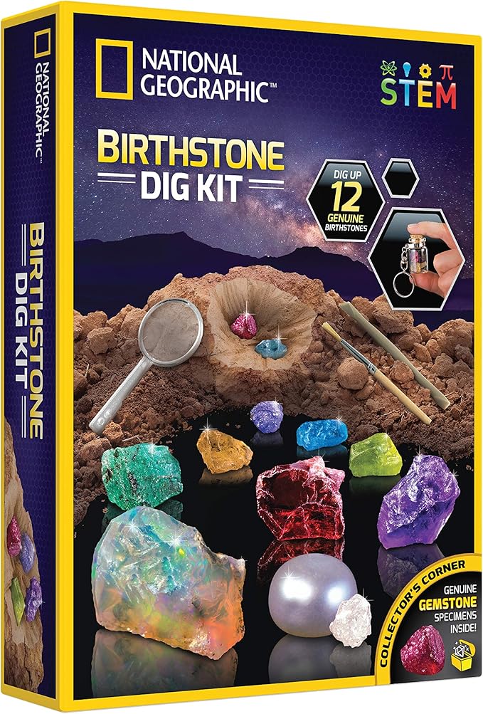 National Geographic Birthstone Dig Kit - Science Kit with 12 Genuine Birthstones, Includes a Real Diamond, Ruby, Sapphire, Pearl, & More, Gemstones and Crystals, Rock Collection (Amazon Exclusive)