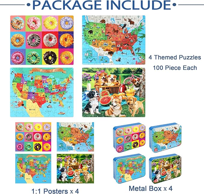 LELEMON Puzzles for Kids Ages 4-6,4-Pack 100 Piece Puzzles for Kids Ages 4-8 in a Metal Box,Donut National Parks Map USA Map Dogs Educational Jigsaw Puzzles Puzzle Games Puzzle Toys for Girls and Boys