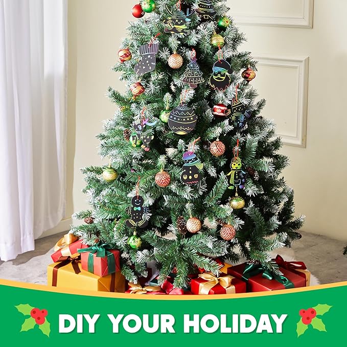 JOYIN 72 Pcs Christmas Scratch Art Ornaments, Rainbow Color Scratch Paper Craft Kit Include Snowman, Christmas Tree, and Reindeer, Scratch Off Hanging Ornament for Kids Party Favor