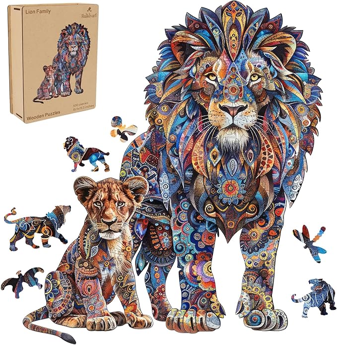 Ruikiyart Wooden Puzzles for Adults, 5MM 500 Pieces Lion Family Wooden Jigsaw Puzzles, Animal Unique Shaped Puzzle Gifts for Adults and Kids on Thanksgiving, Christmas (15.9'' x 19.3'')