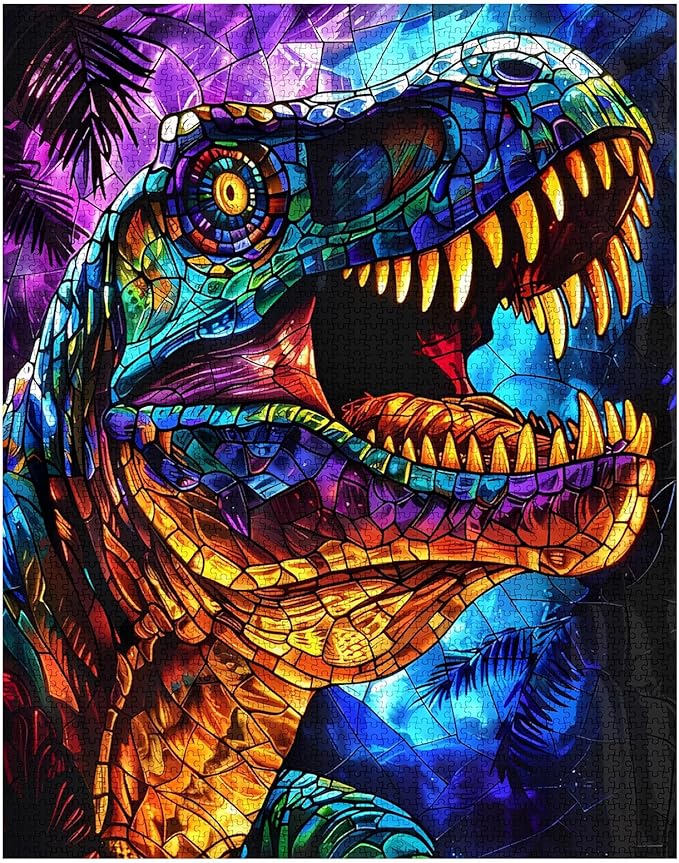 Glass Dinosaur Jigsaw Puzzle，T-Rex 1000 Pieces Jigsaw Puzzles for Adults，27 x 20 Inches Puzzles for Families，HD Quality Stained Glass Dinosaur Photo Puzzle Gift，Family Activity Perfect for Game Nights