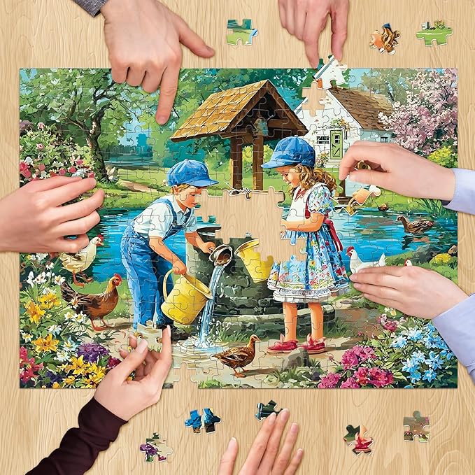 300 Piece Puzzle for Adult, Wonderful Childhood Jigsaw Puzzle for Adult Kids Seniors, Recycled Paper Unique Village Scene Jigsaw Puzzle, Challenging Family Game, for Friends Men Women 20.5 * 15 in