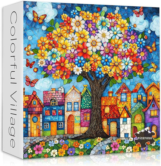 PICKFORU Stained Glass Tree of Life Puzzles for Adults 1000 Pieces, Colorful Village Puzzle with Houses Flowers Trees Butterfly, Nature Impossible Hard Challenge Jigsaw Puzzle