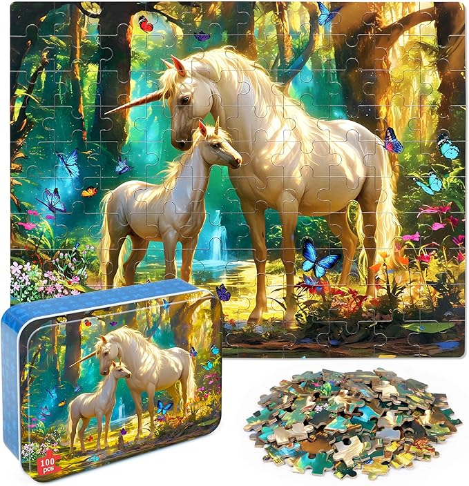 LELEMON Puzzles for Kids Ages 4-6,Unicorn 100 Piece Puzzles for Kids Ages 4-8 in a Metal Box,Educational Jigsaw Puzzles 100 Piece Puzzle Games Puzzle Toys for Girls and Boys