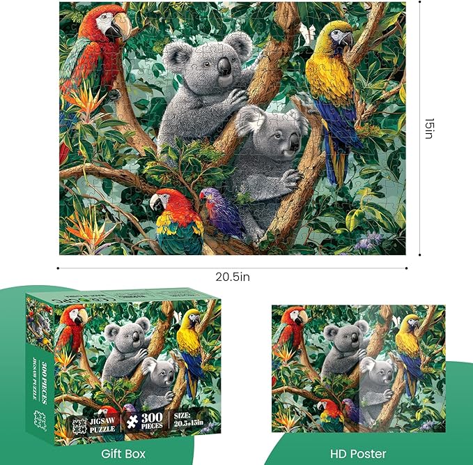 300 Piece Puzzle for Adults, Koalas and Parrots Colorful Jigsaw Puzzle, Relaxing 300 Piece Puzzle, Perfect for Family Game Night, Home Wall Decor, Ideal Gift for Adults, Kids, Seniors, 20.5 x 15 in