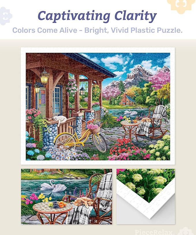 PieceRelax Plastic Jigsaw Puzzles for Adults 1200 Pieces - Image World - Colorful Lake House Most Satisfying Table Games and Gifts No Puzzle Mat Required [H3518]