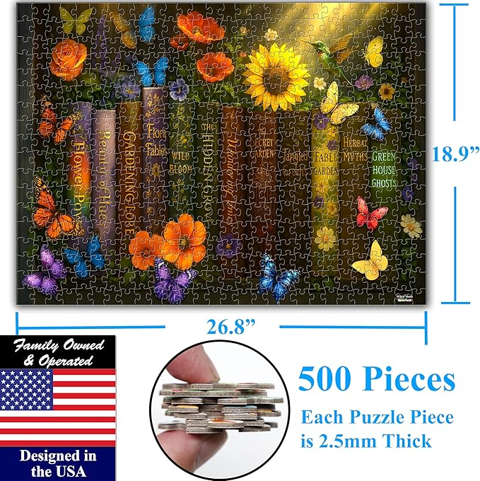 Think2Master Enchanted Library 500 pieces Large Format Jigsaw Puzzle: kids 12+, teens, adults & families. Magical Bookshelf with Butterflies & Flowers Botanical Garden. Great gift. Size: 26.8” X 18.9”