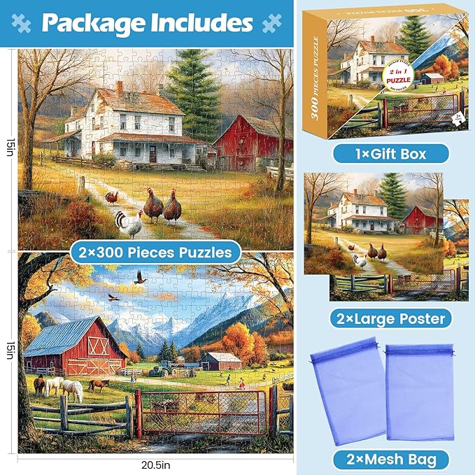 2 Pack 300 Pieces Puzzle for Adults,Autumn Puzzle Farm Jigsaw Puzzles 300 Pieces for Adults Kids Seniors Countryside Jigsaw Puzzle Premium Cardboard Puzzles for Tabletop Family Activity Gift