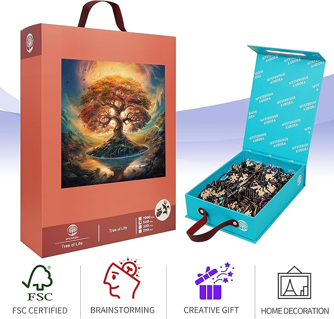 Wooden Jigsaw Puzzle for Adults and Kids Unique Shape Wood Colorful Beautiful Box Fun Challenge Brain Health Family Game Creative Gift for Friends Rompecabezas Madera(Tree of Life 500pcs)