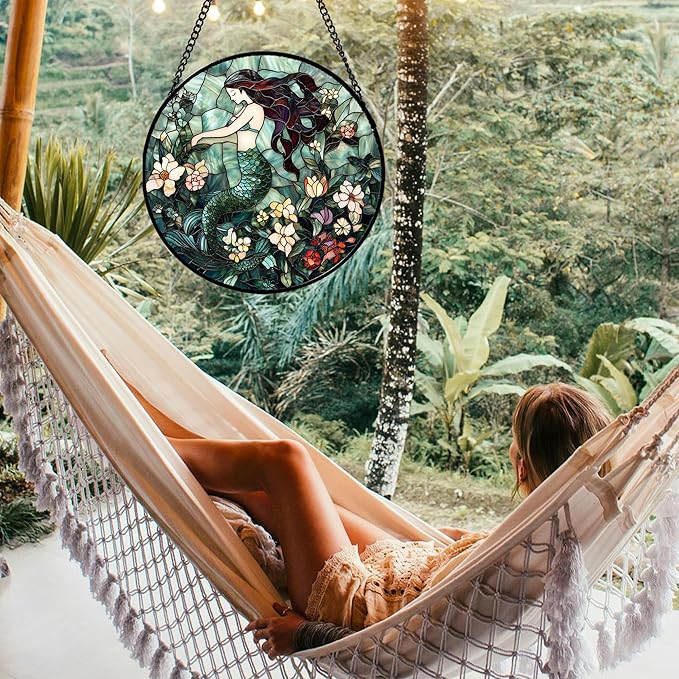 Stained Glass Window Hanging - Teal Sleeping Mermaid Suncatcher for Door Terrace Garden Home Decor, Sea of Flowers Sun Catcher Birthday Gifts for Lovers Women Men Dad Mom Nana 11.8 in