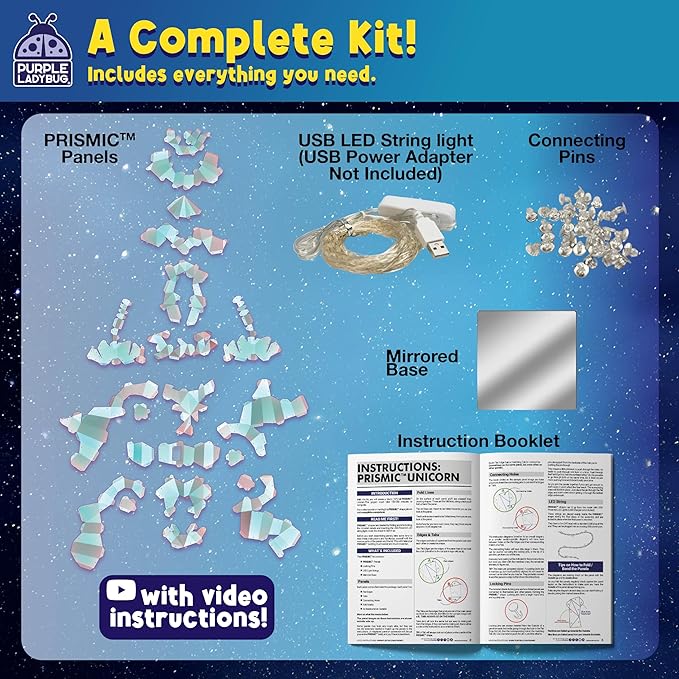 PURPLE LADYBUG PRISMIC Unicorn 3D Puzzle Craft Kit - DIY Light-Up Night Lamp for Kids, STEM-Inspired Creative Kit, Gifts for Ages 12-18, Birthday Gifts for Teens and Tweens