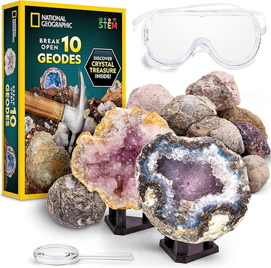 National Geographic Break Open 10 Premium Geodes – Includes Goggles & 2 Display Stands - Great STEM Science Kit, Geology Gift for Kids, Break Your Own Geodes with Crystals