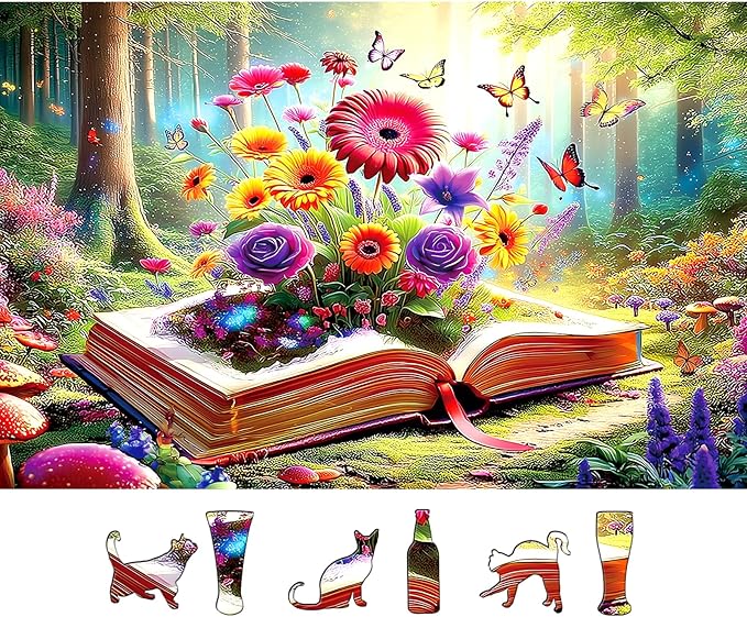 Blueforest 500 Piece Jigsaw Puzzle for Adults - Unique Shape Pieces | Magical Forest Book with Flowers & Butterflies | 23x15 Inches Challenging Fun Puzzle