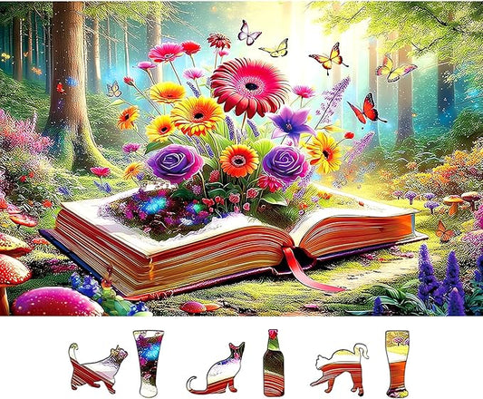 Blueforest 500 Piece Jigsaw Puzzle for Adults - Unique Shape Pieces | Magical Forest Book with Flowers & Butterflies | 23x15 Inches Challenging Fun Puzzle