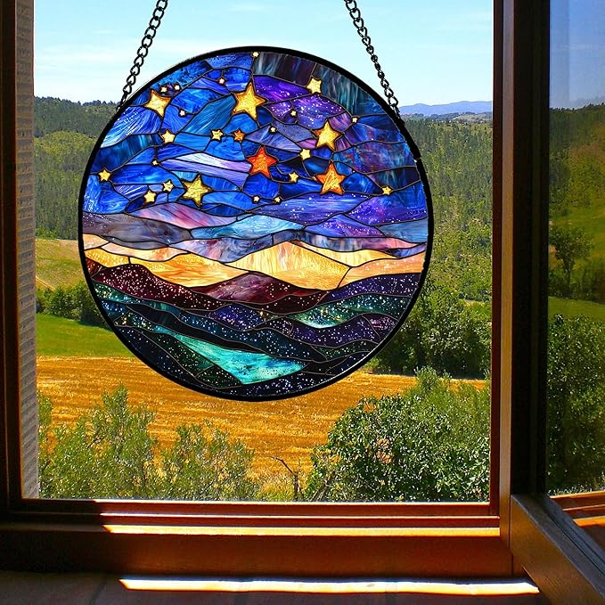 Stained Glass Window Hanging, Blue Sky Gold Stars Abstract Landscape Suncatcher for Doors Window Home Sun Catchers Decor Mother's Day Birthday Gifts for Women, Men Mom 9.8 in