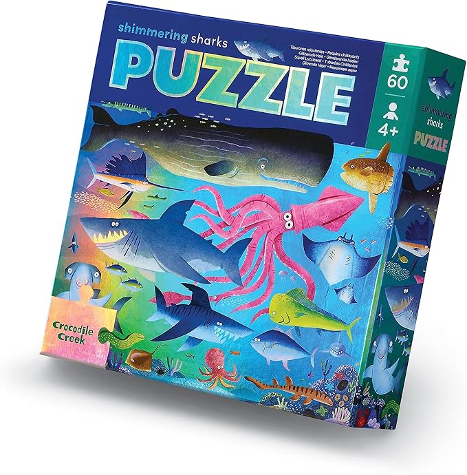 Crocodile Creek 60-Piece Holographic Foil Floor Puzzle for Kids Ages 4-8 and Up - Heavy-Duty Box for Storage - Shimmering Sharks - 14” x 19” Finished