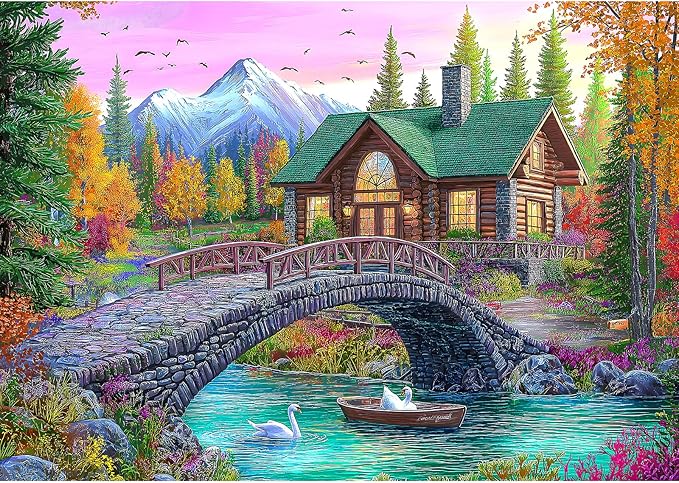 Blueforest 1000 Piece Jigsaw Puzzle for Adults - Challenging Stone Bridge Cottage Landscape, Autumn Valley & Mountain Scenery, Game Night Gift (27.5x19.7 Inch)