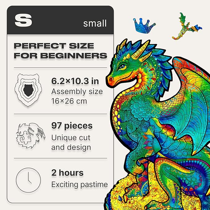 UNIDRAGON Wooden Puzzles for Adults Unique Jigsaw Puzzles - Small Guarding Dragon Small 6.2" х10.3 97 PCS Deko with Cut 0.03 mm Wood Accuracy Animal