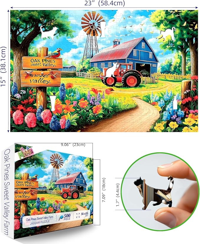 Blueforest 500 Piece Puzzles for Adults - Country Farm Scene with Windmill, Barn & Tractor Jigsaw Puzzles 500 Pieces | 23x15 Inches Challenging Puzzle for Relaxation & Group Activity