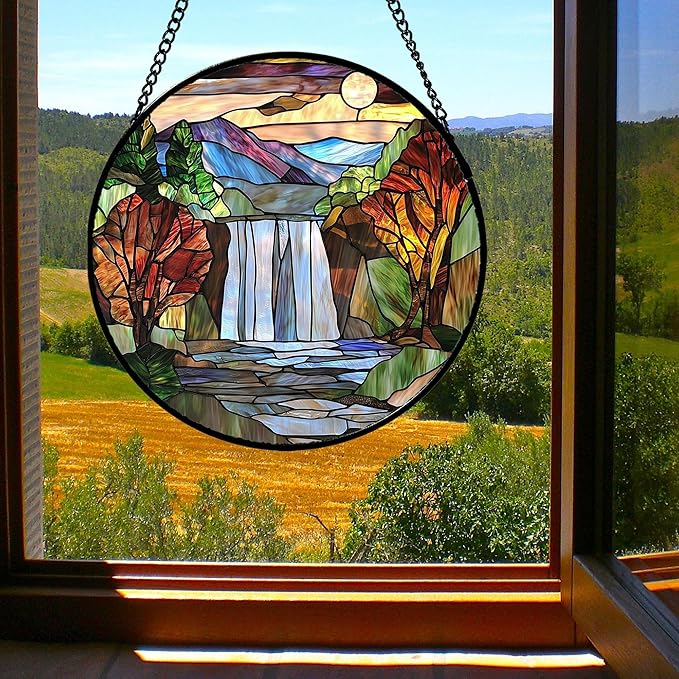 Stained Glass Window Hanging, Abstract Landscape Waterfall Mountains Trees Suncatcher for Doors Window Home Sun Catchers Decor Mother's Day Birthday Gifts for Women Men Mom 6.3 in