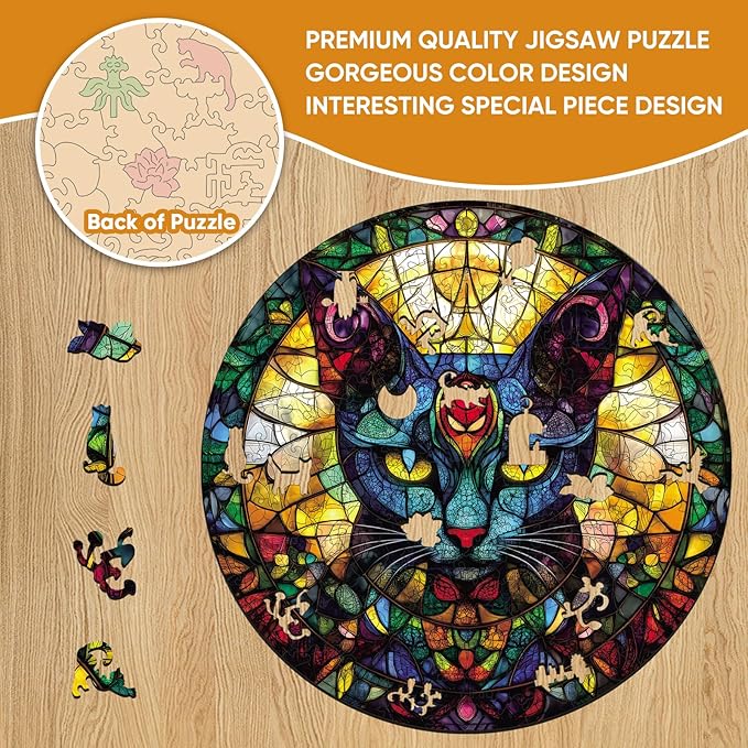 delobil Wooden Puzzles for Adults, Glass Cat Jigsaw Puzzles 200 Pieces, 16.5x11.2in, Unique Shaped Cool Reptile Animal Wood Adult Puzzle, Best Gifts for Adults and Kids Family Game