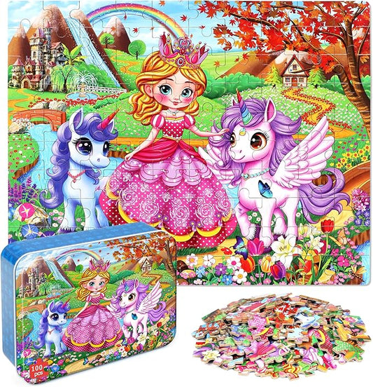 Princess and Unicorns Puzzles for Kids Ages 4-8, 100 Pieces Jigsaw Puzzles for Kids Ages 3-5 Puzzle for Girls and Boys Learning Educational Puzzles Toys in a Metal Box