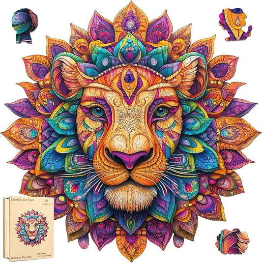 Lion Wooden Puzzles for Adults 200 Pieces,Unique Irregular Shape Mandala Wooden Jigsaw Puzzles for Adults and Kids,Creative Gift,Extra Thick 5MM,11.2x11.1 Inch