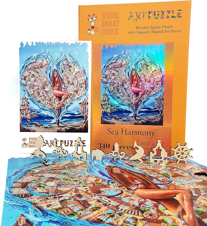 Wooden Puzzle for Adults - Uniquely Shaped Pieces - Made in The USA by FoxSmartBox - 350 Pieces - Sea Harmony
