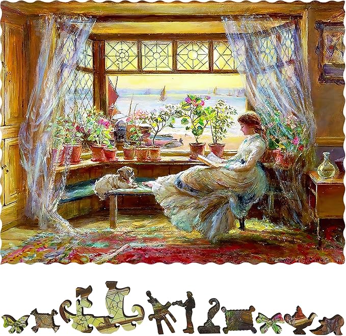 Wooden Puzzle for Adults - Uniquely Shaped Pieces - Made in The USA by FoxSmartBox - 275 Pieces - Reading by The Window