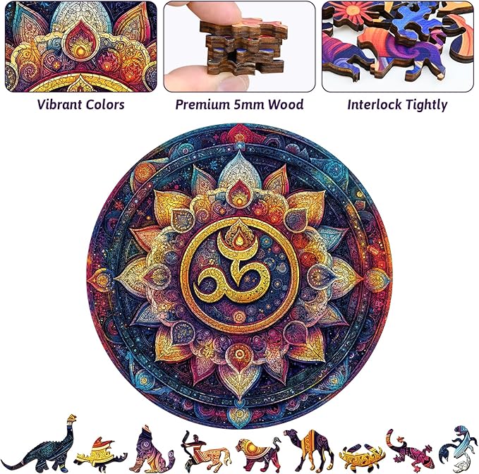 Mandala Wooden Puzzle for Adults, 454 Pieces Colorful Round Wood Jigsaw Puzzles, Scorpio Symbol Art, Unique Wood Animal Shaped Puzzle, Family Game Home Decor