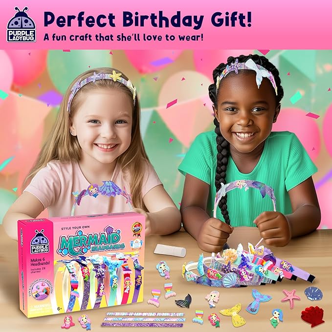 PURPLE LADYBUG Mermaid Headband Kit - Party, Sleepover, Playdates, Summer Activities for Girls, DIY Mermaid Hair Accessories & Crafts, Birthday Gift for Girls Ages 6-10