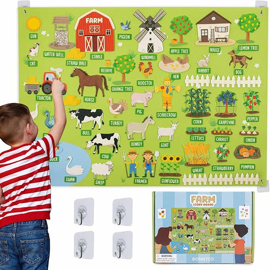 BONNYCO Felt Board for Toddlers with 92 Animal Farm Figures. Montessori and Sensory Toys, Birthday Gifts for Kids 3-8 Years Old. Educational Games, Learning Activities, Christmas