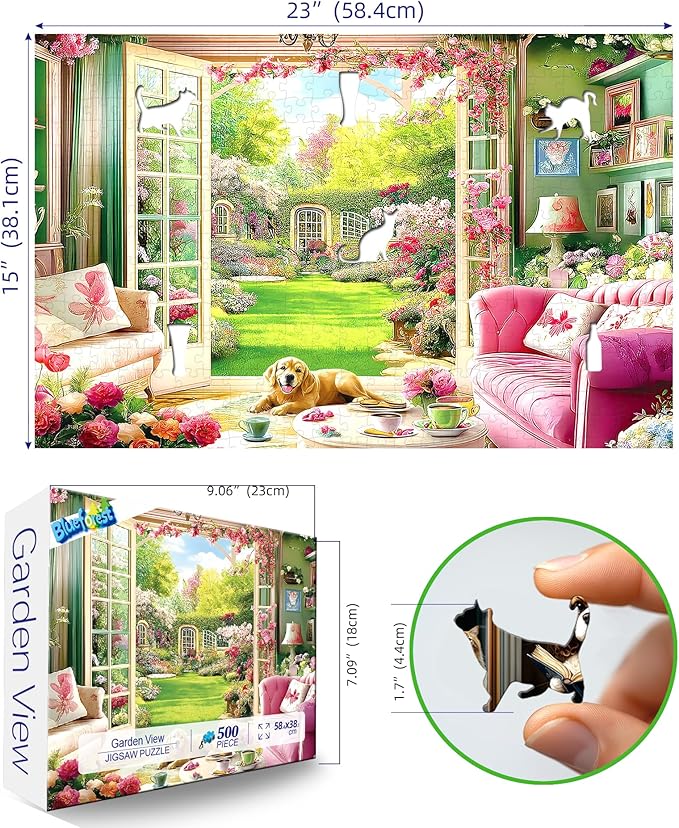Blueforest 500 Piece Jigsaw Puzzle for Adults - Unique Shape Pieces | Cozy Indoor Garden Scene with Golden Retriever | Challenging & Fun Puzzle 23x15 Inches