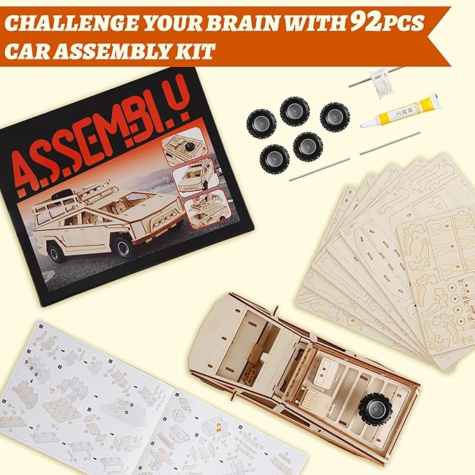 SIGHTEEDA Cyber Truck 3D Wooden Puzzle - 92 Pcs Pull-Back Car STEM Model Kit, DIY Building Toys for Kids & Teens Ages 6-12 | Creative Gift Idea