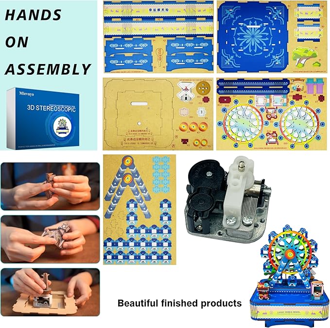 3D Wooden Puzzles Ferris Wheel DIY Rotating Music Box Kit 3D Wooden Jigsaw Puzzle Adult Teen Birthday Gifts and Toys for Kids（Lucky Ferris Wheel Music Box）