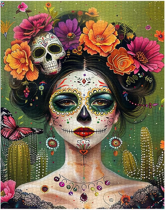 Tucocoo Day of The Dead Female Jigsaw Puzzles for Adults 1000 Pieces, Flowers Skull Girl Portrait Art Puzzle Colorful DIY Craft Puzzles for Home Decoration Gift, Family Puzzle Perfect for Game Nights