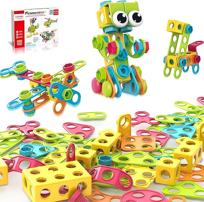 PicassoTiles 115 Piece Building Blocks Set Kids STEM Toy Construction Engineering Sensory Toys Kit Block Children Early Education Playset with FREE IdeaBook, Clickable Ratchet Age 3+ Boys Girls PTN115