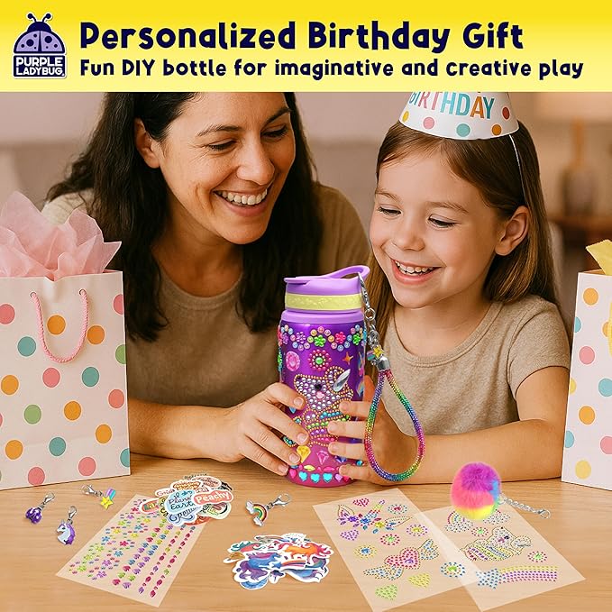 PURPLE LADYBUG Decorate Your Own Water Bottle Kit for Girls - Unicorn Design with Glitter Gem Stickers, Gifts for Girls Ages 5-8-10 Years Old Birthday, Fun Craft for Kids, Christmas Gifts Girl