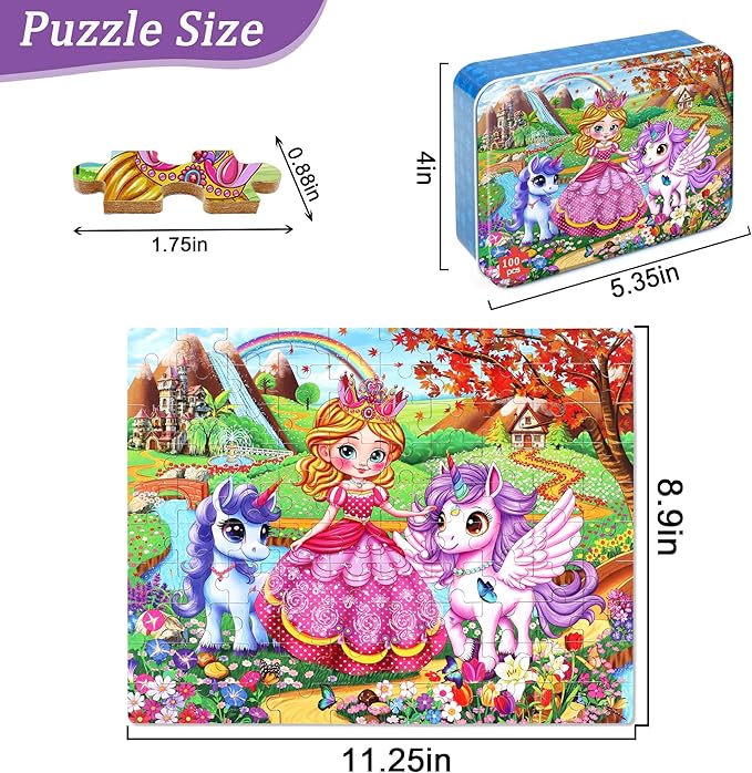 Princess and Unicorns Puzzles for Kids Ages 4-8, 100 Pieces Jigsaw Puzzles for Kids Ages 3-5 Puzzle for Girls and Boys Learning Educational Puzzles Toys in a Metal Box