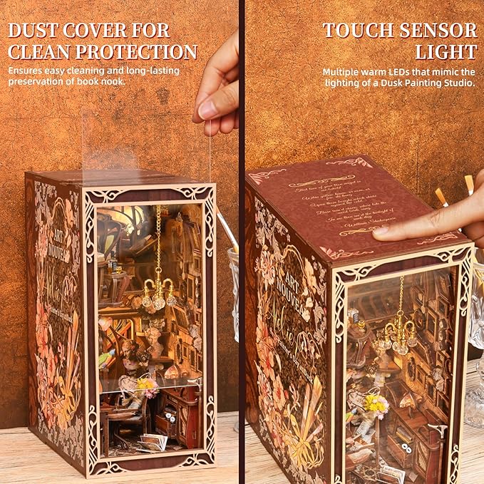DIY Book Nook Kit for Adults, 3D Wooden Puzzle Bookend Bookshelf Insert Decor with LED Light and Dust Cover (Painter's Day at Dusk)