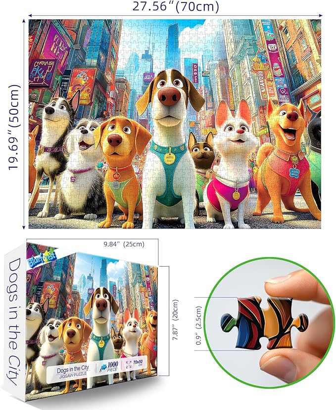 Blueforest 1000 Piece Jigsaw Puzzle for Adults, Cute Cartoon Dogs in City Street, Fun Unique Adult Puzzles for Relaxation & Family Activity 27.5x19.7 Inch