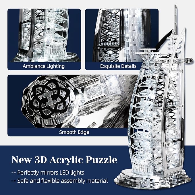 LED 3D Puzzle for Adults – 3D Wood Puzzle Architecture Building Model Kit – Super LED Dubai Landmark at Night – 3D Puzzles Home Décor Gift,Silver