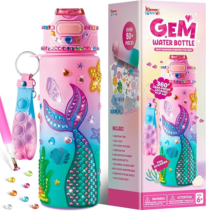 Klever Kits Decorate Your Own Water Bottle Kits for Girls Age 6+, Mermaid DIY Gem Diamond Painting Crafts, Girl Birthday Gift Arts and Crafts Fun Arts for Girls Birthday Christmas