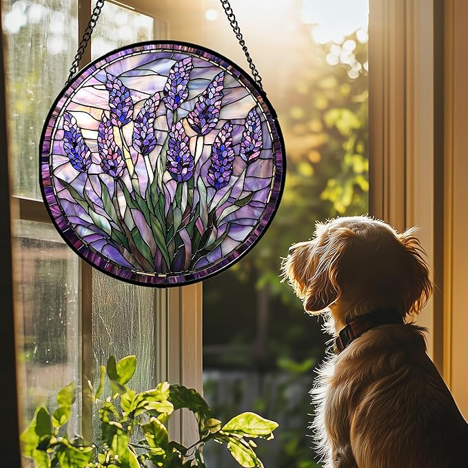 Stained Glass Window Hanging - Purple Flowers Suncatcher for Door Terrace Garden Home Decor Lavender Plant Floral Sun Catcher Birthday Gifts for Lovers Women Men Dad Mom Nana 7.8 in