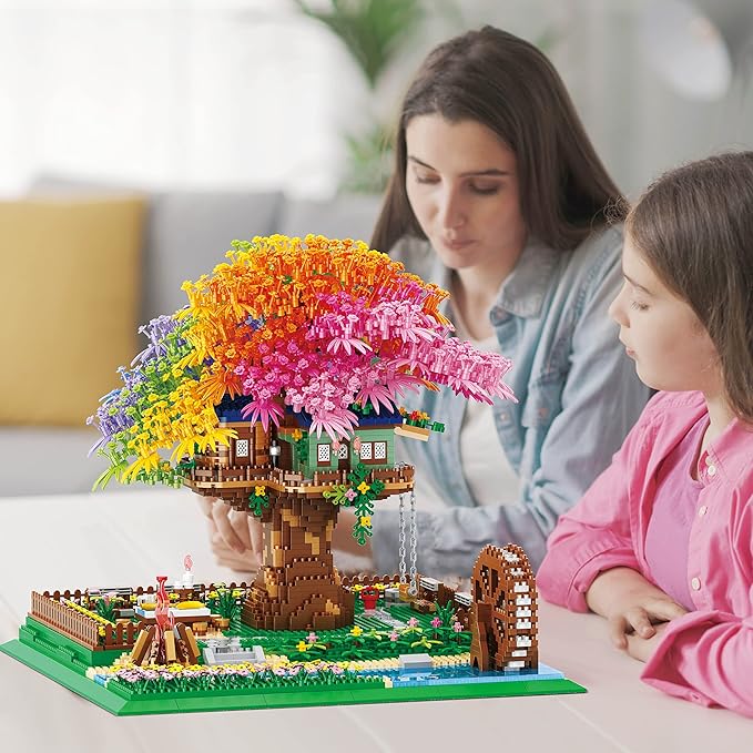Rainbow Flowers Building Block with Light,Sakura Cherry Blossom Bonsai Tree House Construction Set,4451 PCS Mirco Blocks Architecture for Adults and Teens