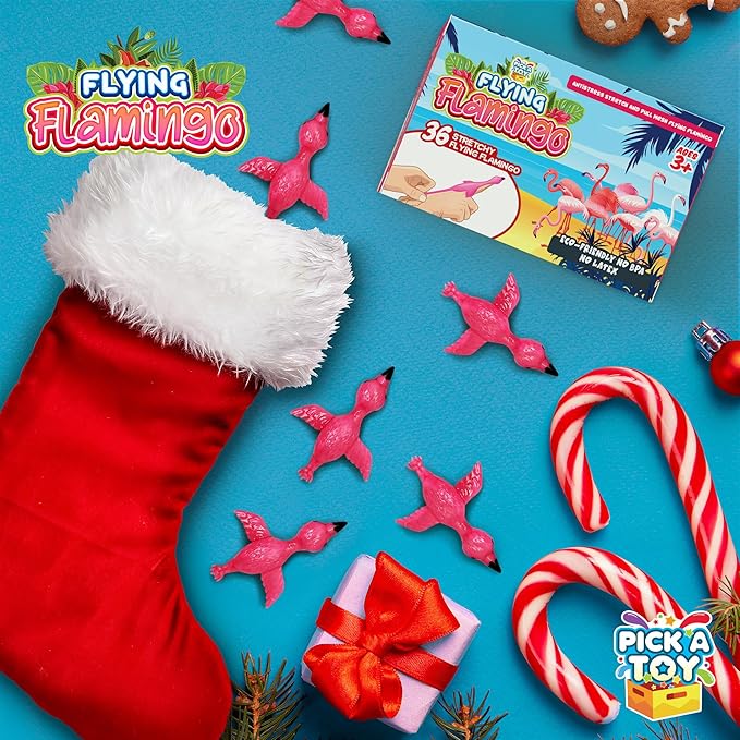 PICK A TOY 36 Pcs Flamingo Party Favors Toys for Kids, Bird Shooter Game Finger Flicker, Tropical Themed Decorations, Treasure Chest for Kids Prizes, Flying Chicken Slingshot